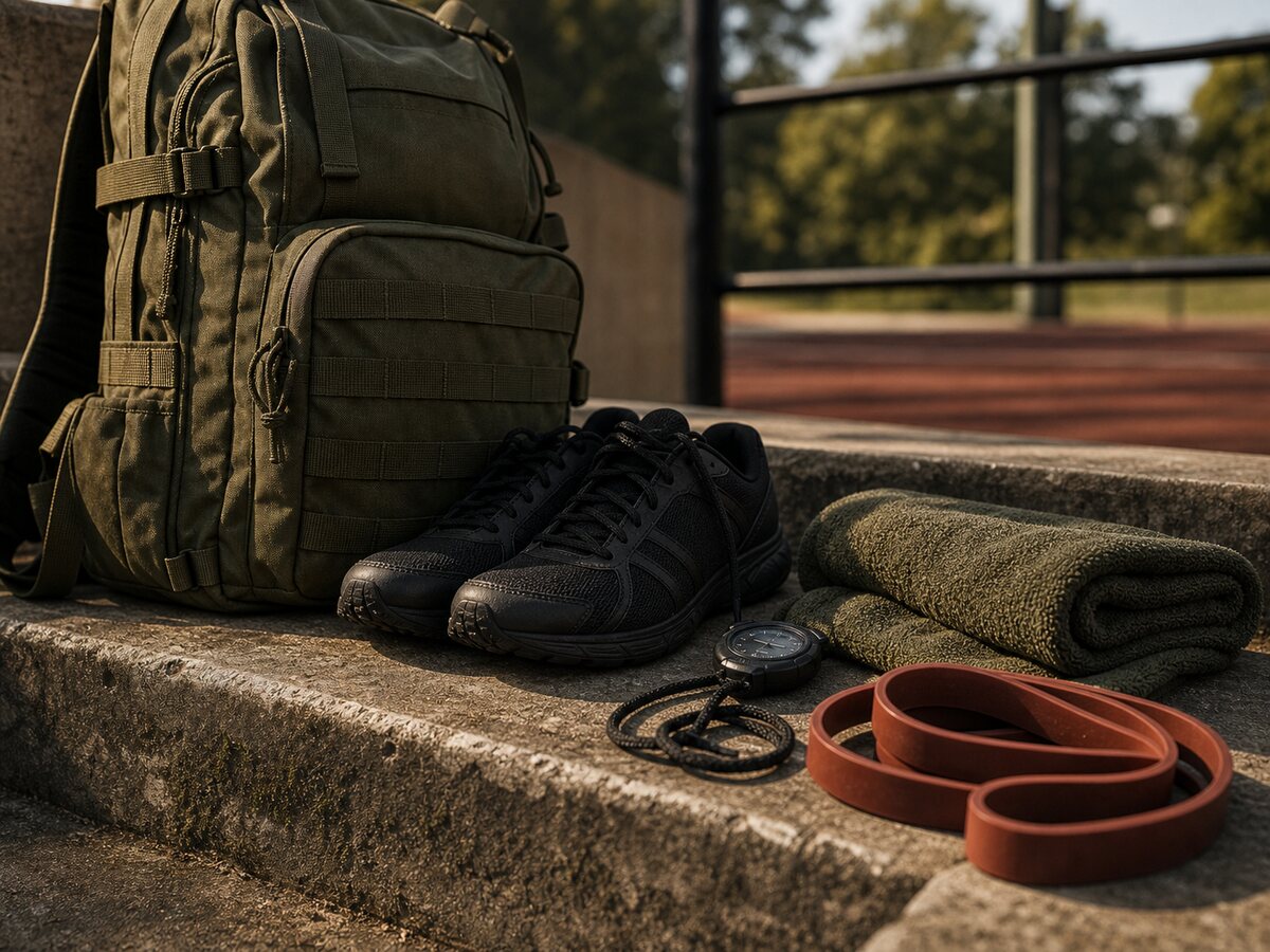 No-gym conditioning gear arranged on outdoor concrete steps.